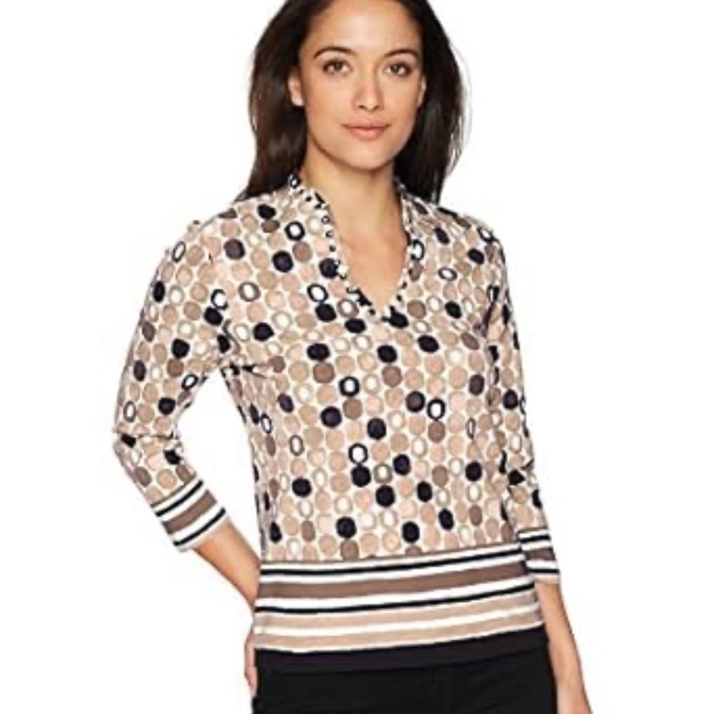 Ruby Rd Geographic Print Casual Business Top Brown White Black Petite Small NWT